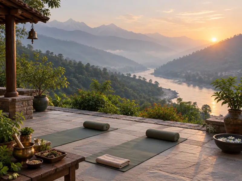 Editorial interpretation of Rishikesh, India, inspired by Ananda in the Himalayas