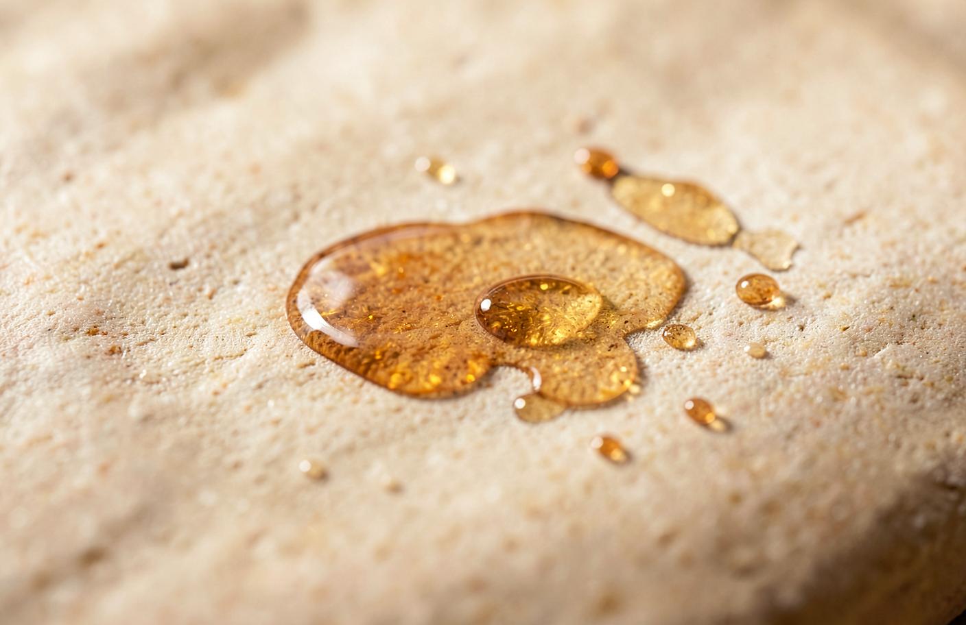 Macro photograph of amber serum droplets on warm stone, illustrating active skincare ingredients