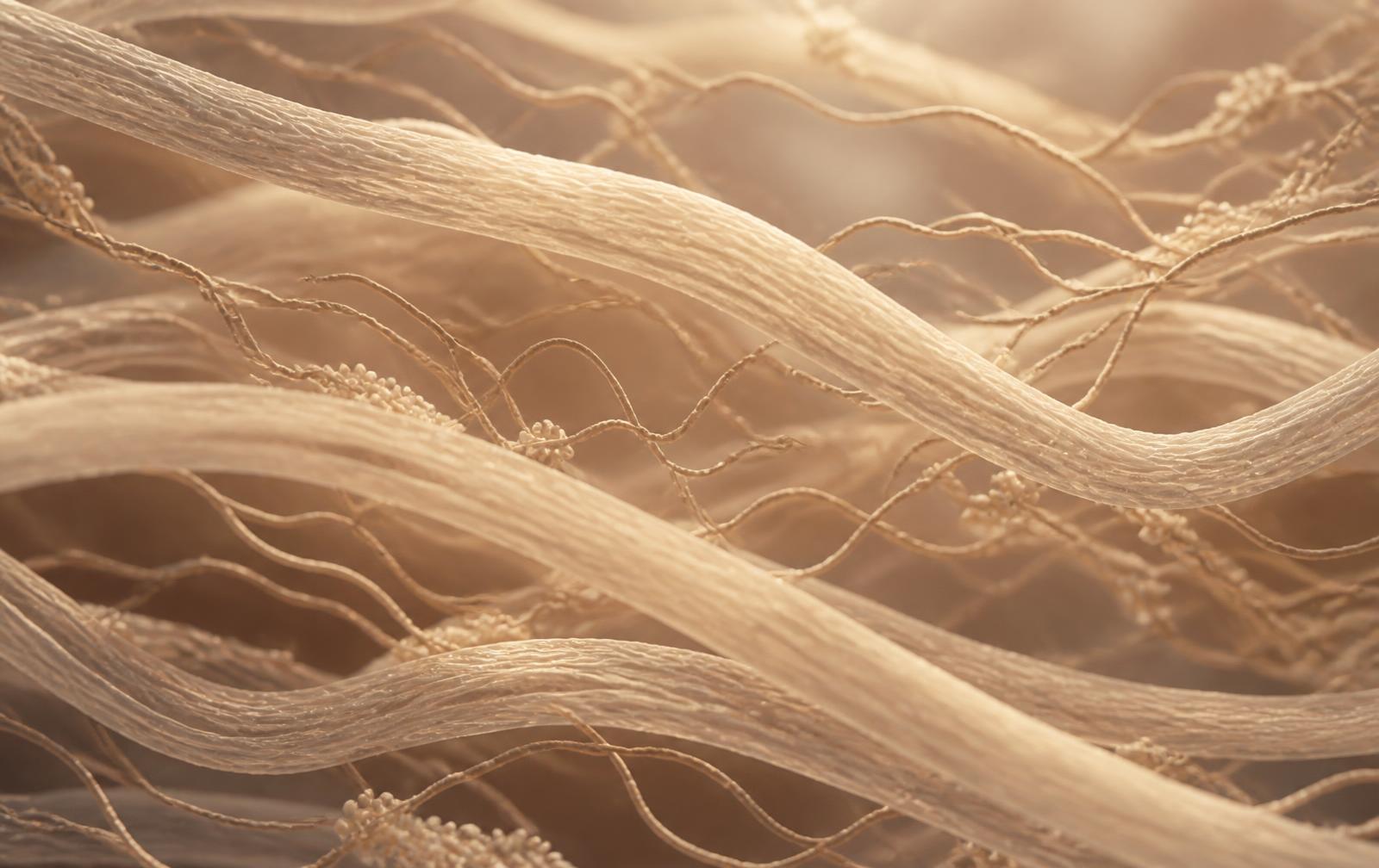 Abstract visualisation of layered collagen and elastin fibres in warm sand tones