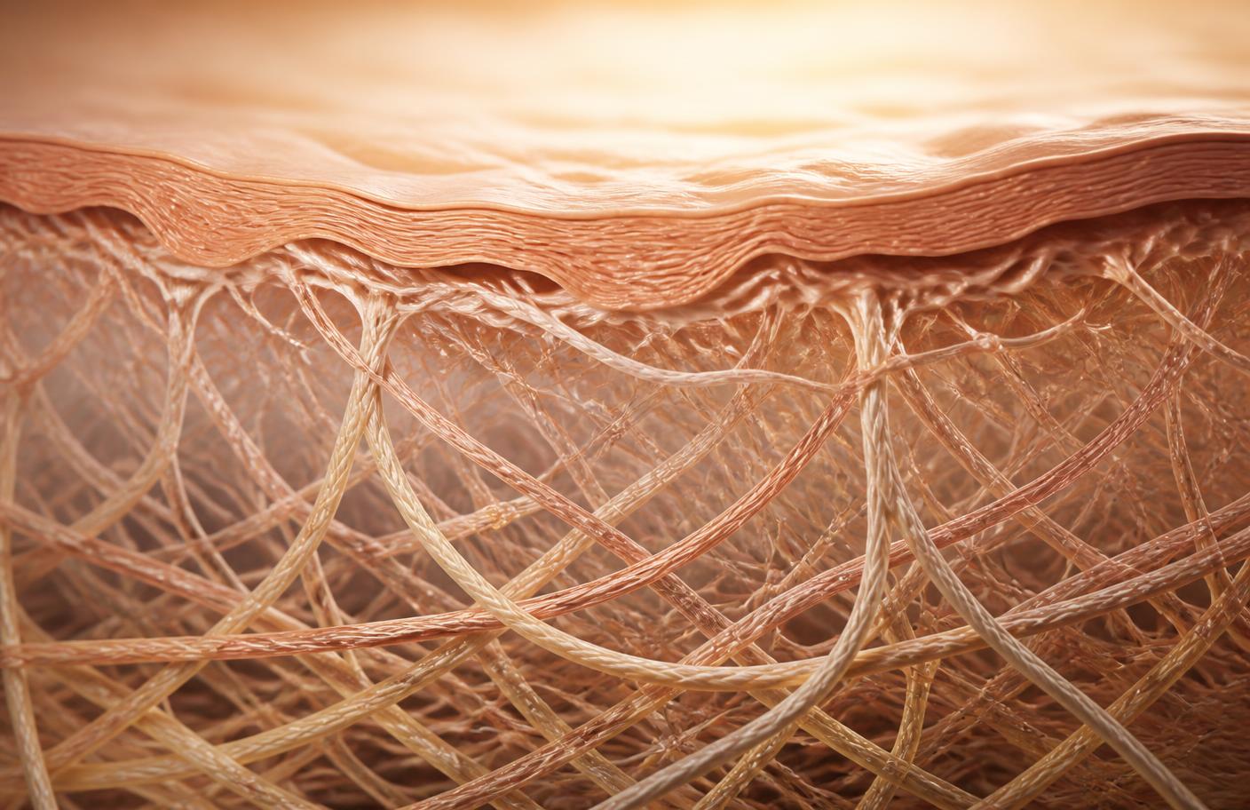 Soft abstract visualisation of layered structural fibres, representing collagen architecture within skin