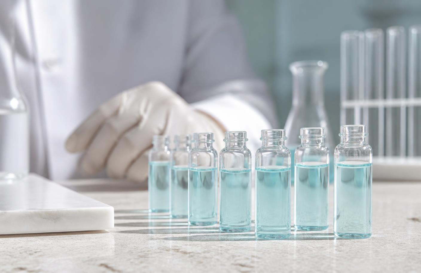 Unlabelled laboratory glassware holding an amber serum on a pale stone bench, representing cosmetic formulation research