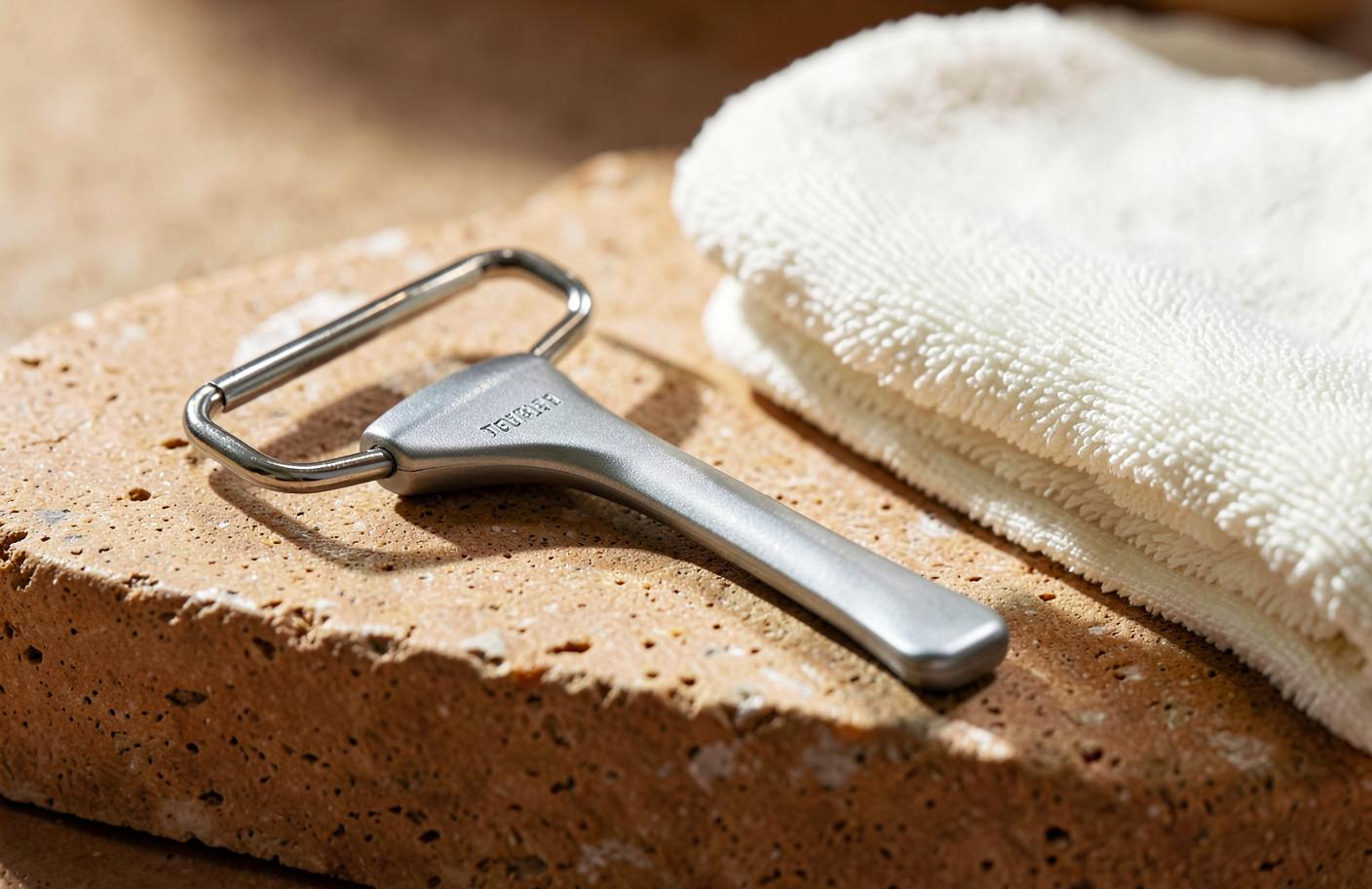 Plain unbranded metal facial roller resting on a warm sandstone ledge beside a folded ivory towel