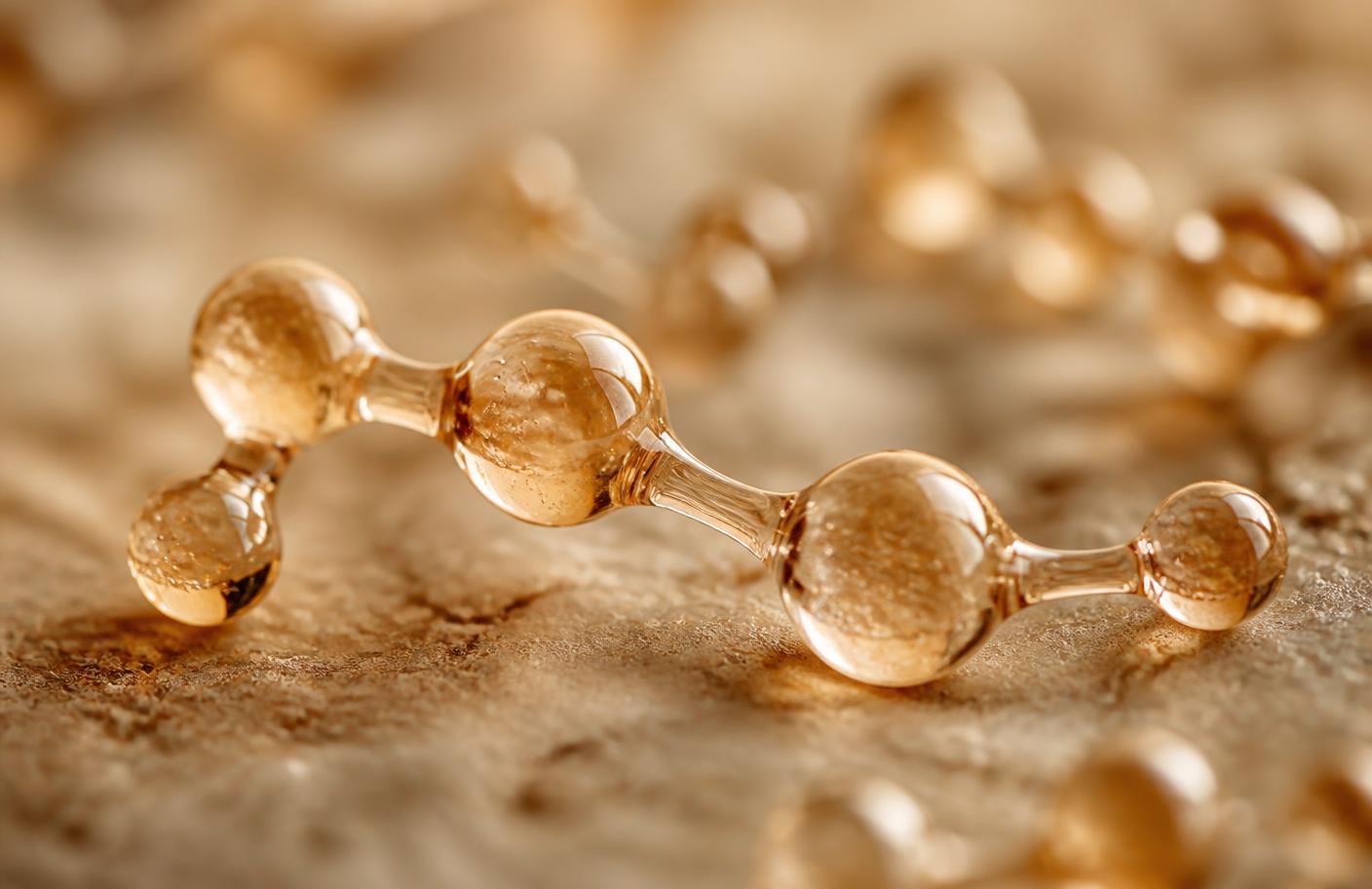 Abstract macro visualisation of a short amino acid chain in warm amber tones, representing a cosmetic peptide