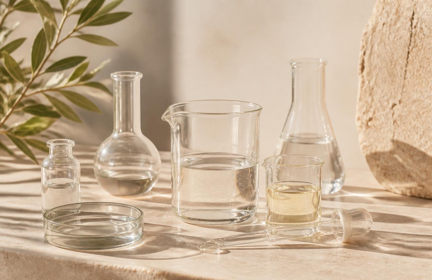 Clear unlabelled laboratory glassware holding serum on a pale sandstone bench, representing skincare formulation research