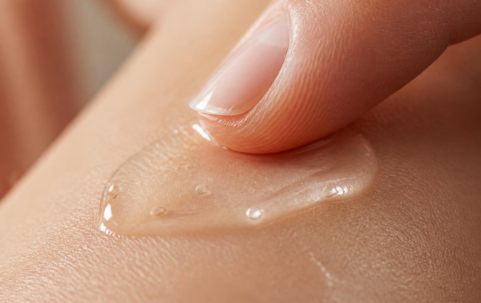 Close-up of a clear peptide serum being pressed into skin with a fingertip