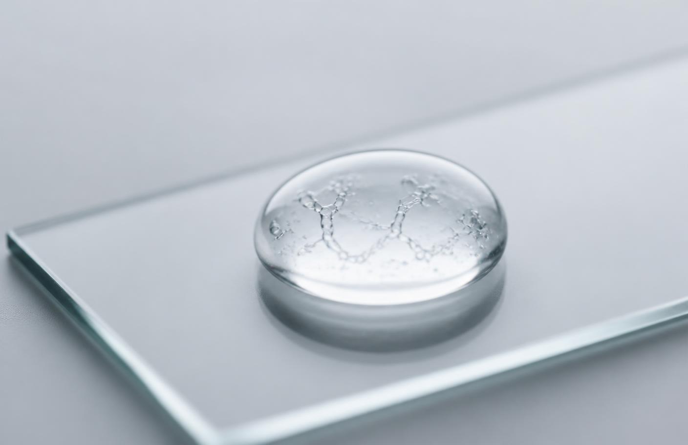 Macro photograph of a clear serum droplet on a glass slide with fine translucent peptide-like strands suspended inside