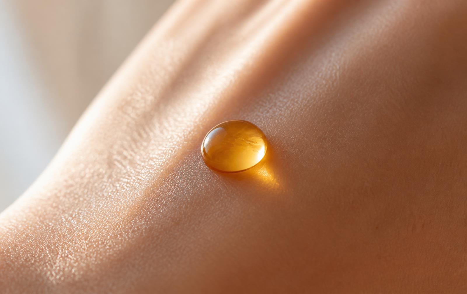Macro close-up of a golden amber retinol oil droplet resting on bare skin in soft daylight