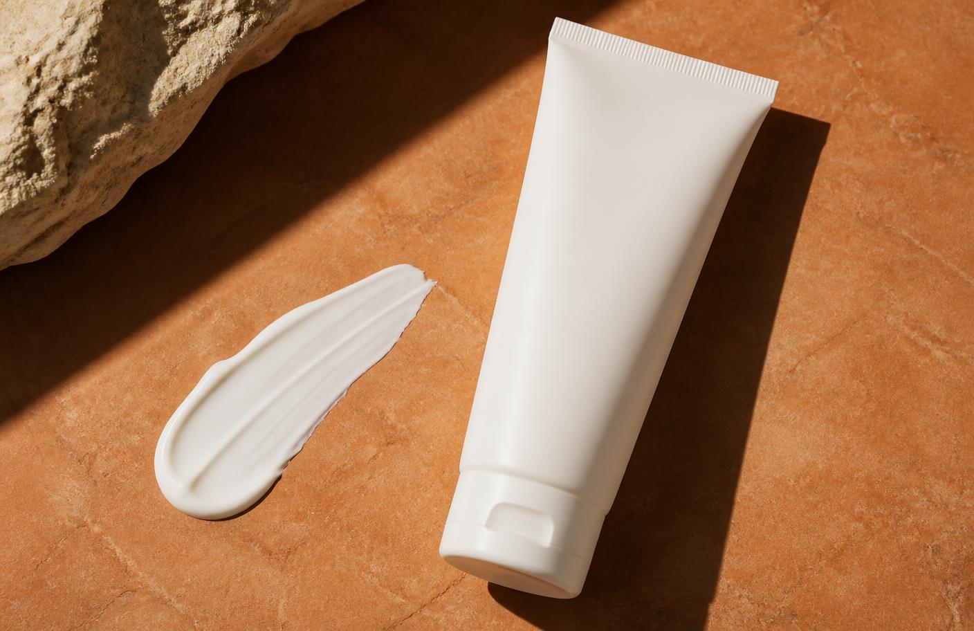 Unbranded white sunscreen tube and a swatch of white SPF cream on warm terracotta stone in direct sunlight