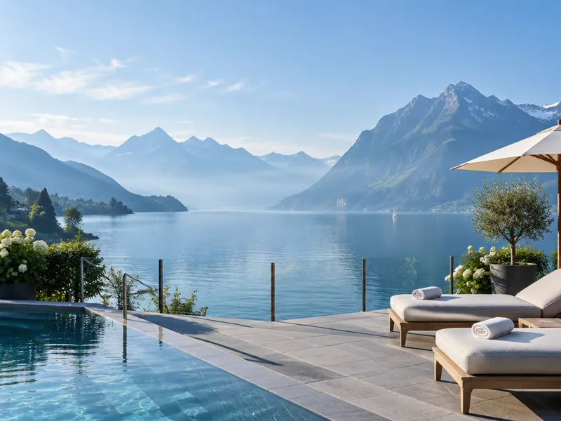 Editorial interpretation of Weggis, Lake Lucerne, Switzerland, inspired by Chenot Palace Weggis