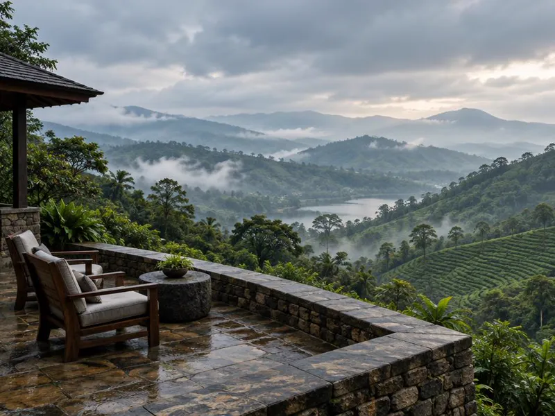 Editorial interpretation of Kandy hills, Sri Lanka, inspired by Santani Wellness Resort