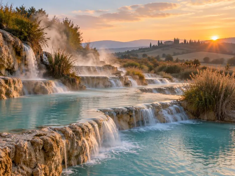 Editorial interpretation of Saturnia, Tuscany, Italy, inspired by Terme di Saturnia Natural Spa