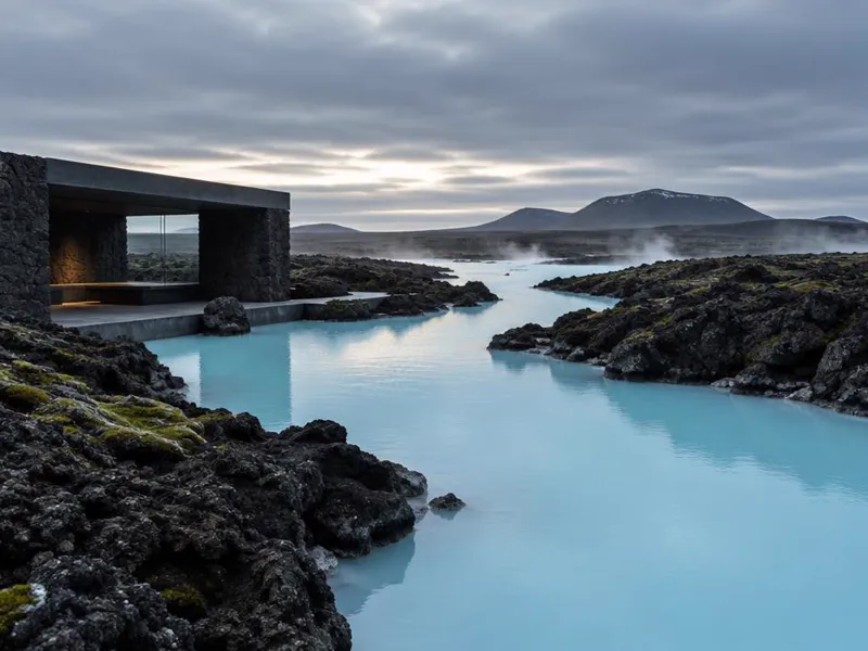 Editorial interpretation of Grindavík, Iceland, inspired by The Retreat at Blue Lagoon
